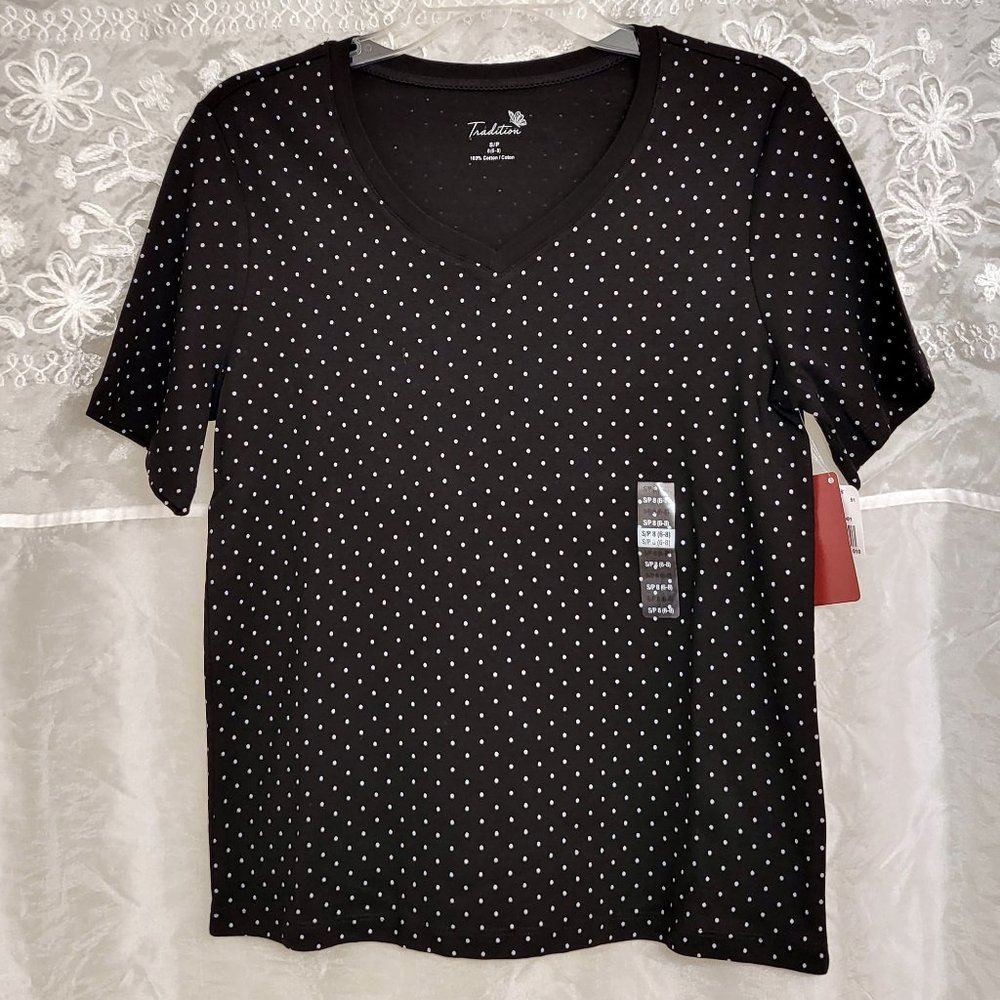 NEW Black & White Polka-Dot T-Shirt, 100% Cotton, Small/Med